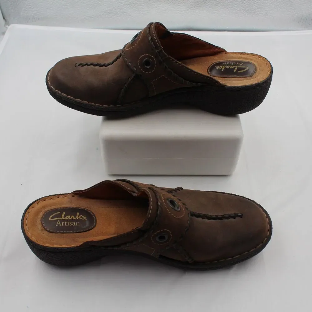 Clarks Artisan Women’s Size 7 Leather Slip-On Mules Clogs Comfort Shoes Brown